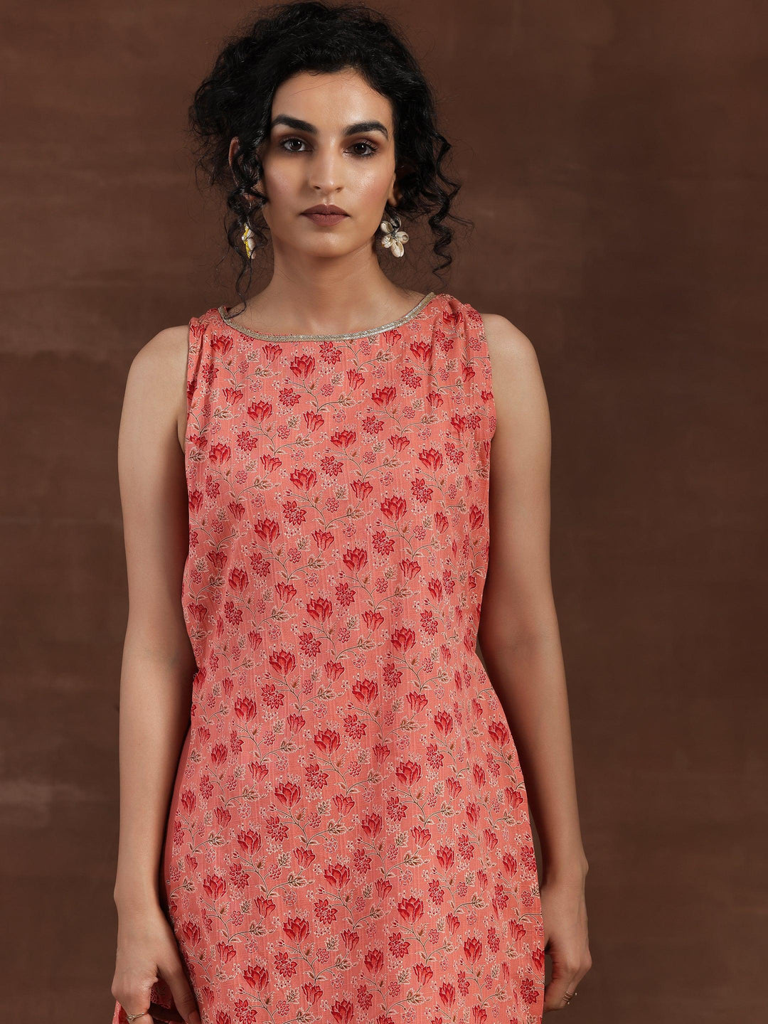 Peach Printed Cotton Straight Kurta Set - Libas