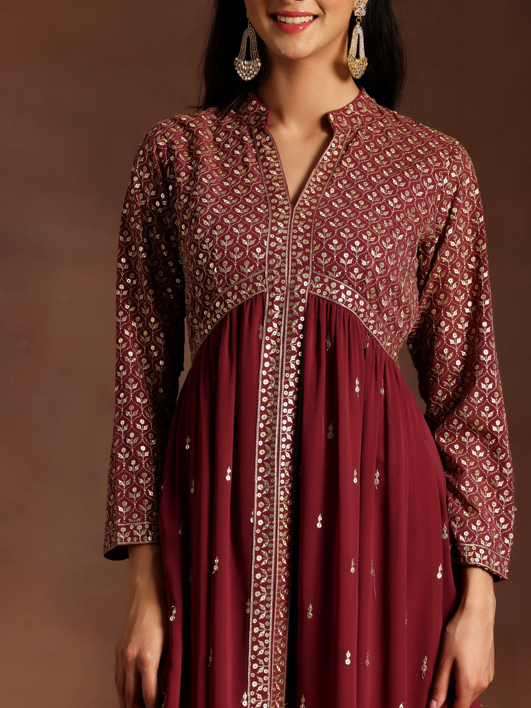 Mauve Embroidered Georgette A-Line Kurta With Trousers & Dupatta - Libas