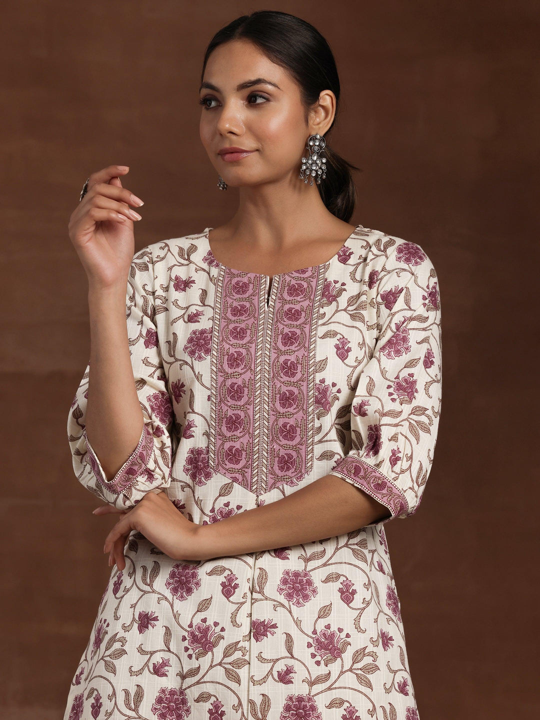 Beige Printed Cotton Straight Kurta - Libas