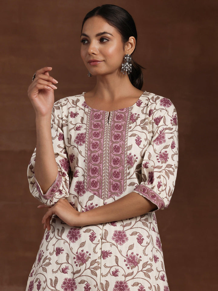 Beige Printed Cotton Straight Kurta - Libas