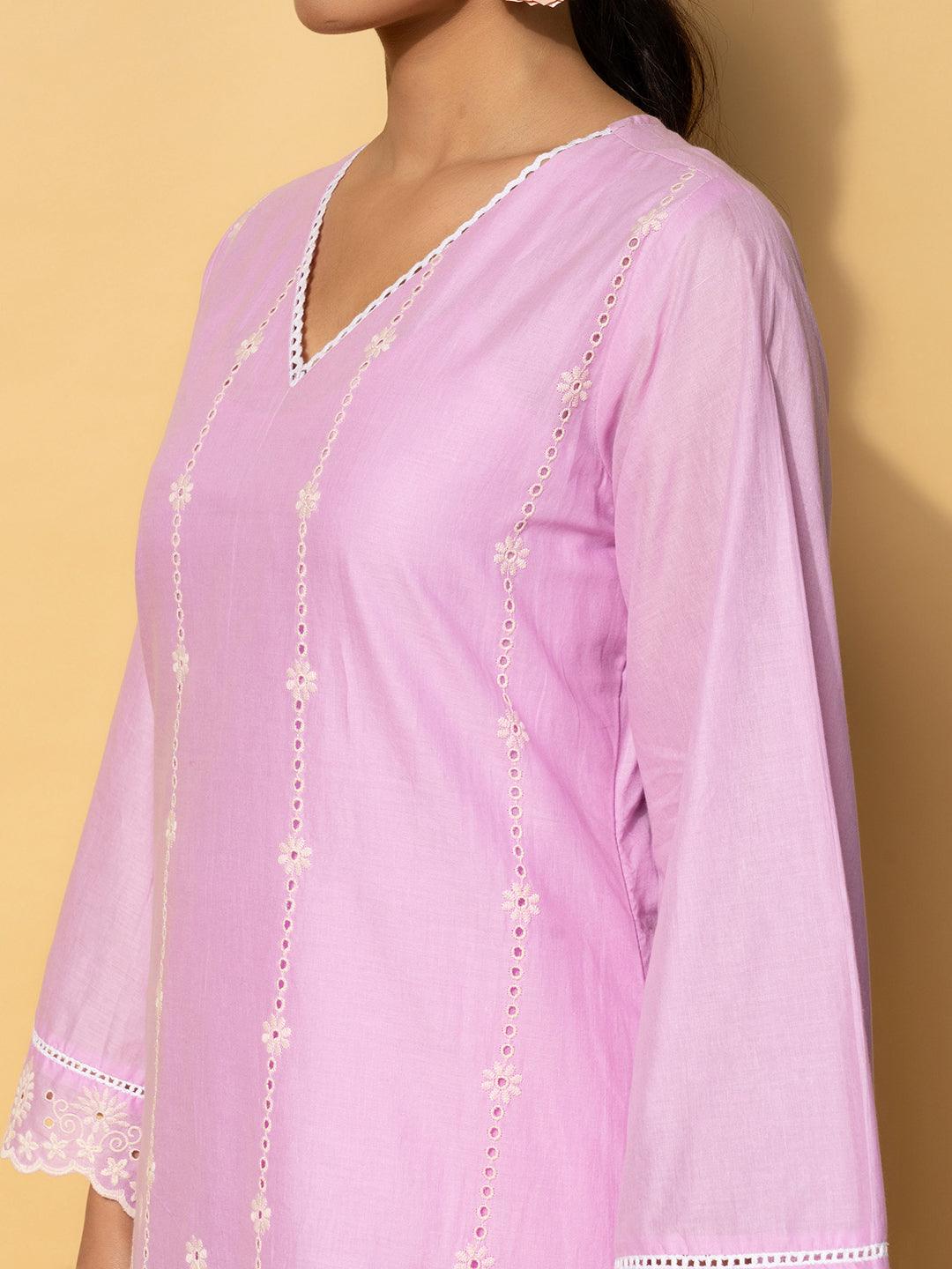 Lavender Embroidered Cotton Co-Ords - Libas 