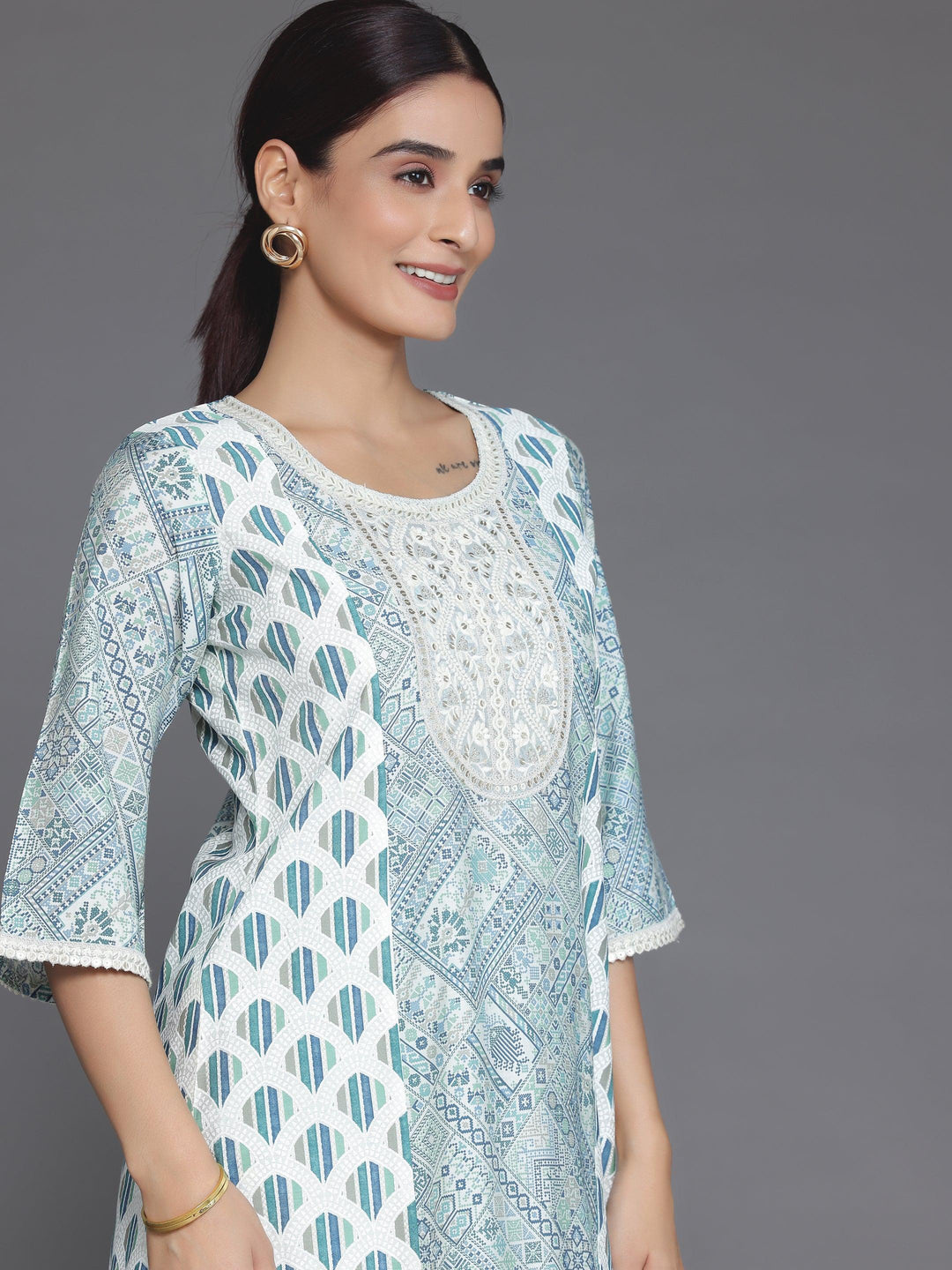 Blue Printed Silk Blend A-Line Kurta With Salwar - Libas 