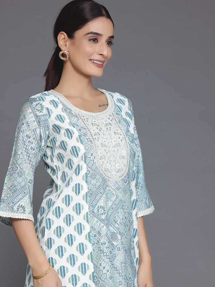 Blue Printed Silk Blend A-Line Kurta With Salwar - Libas