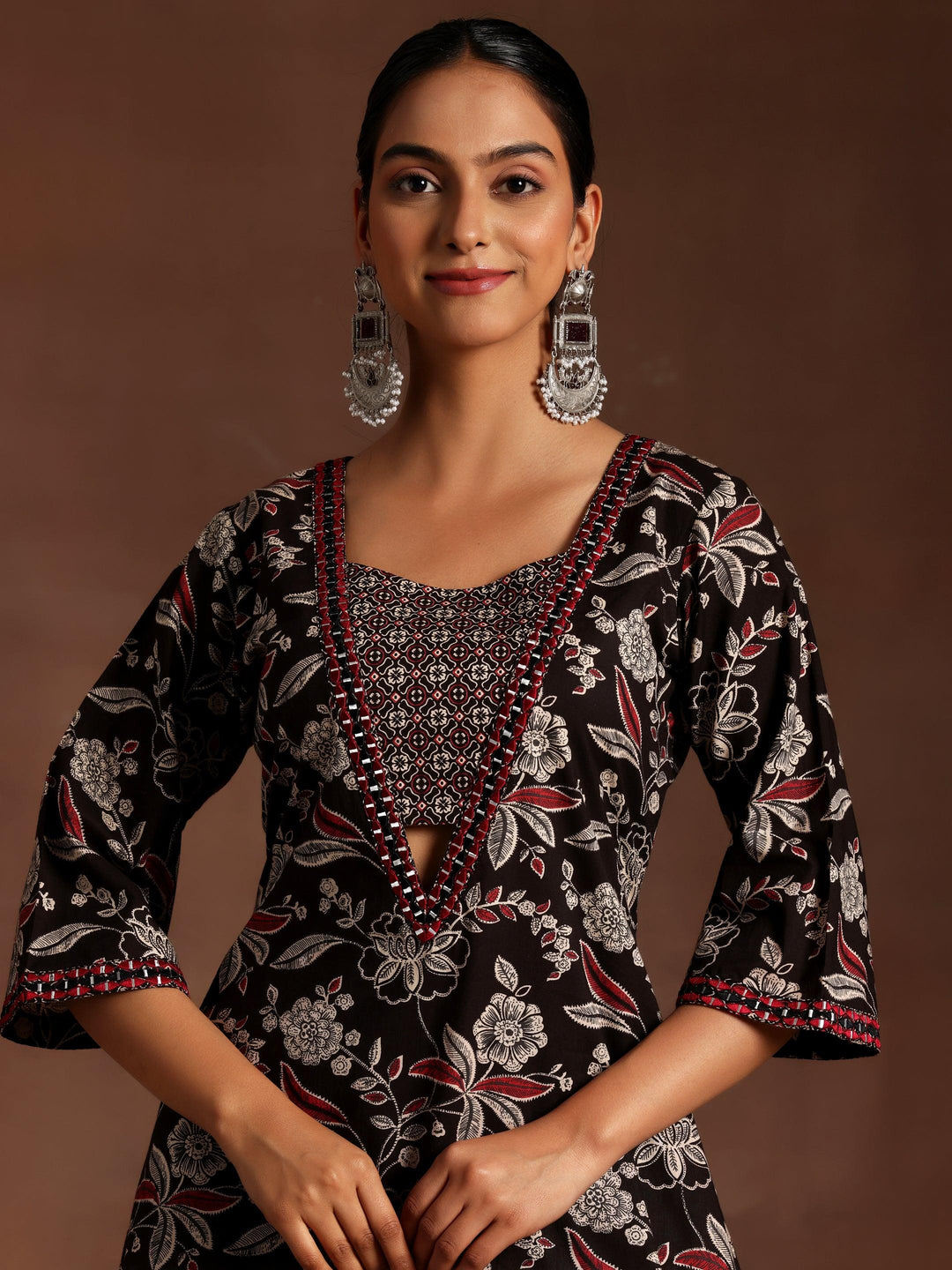 Black Printed Cotton A-Line Kurta With Palazzos - Libas