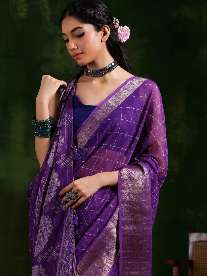 Purple Printed Silk Blend Saree With Unstitched Blouse Piece - Libas