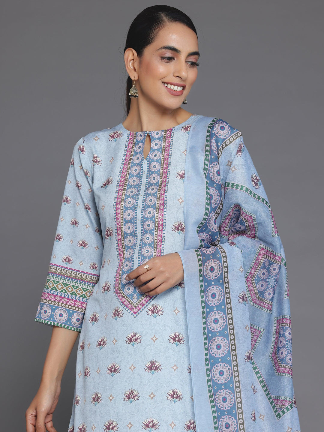 Blue Printed Poly Crepe Straight Suit With Dupatta - Libas 