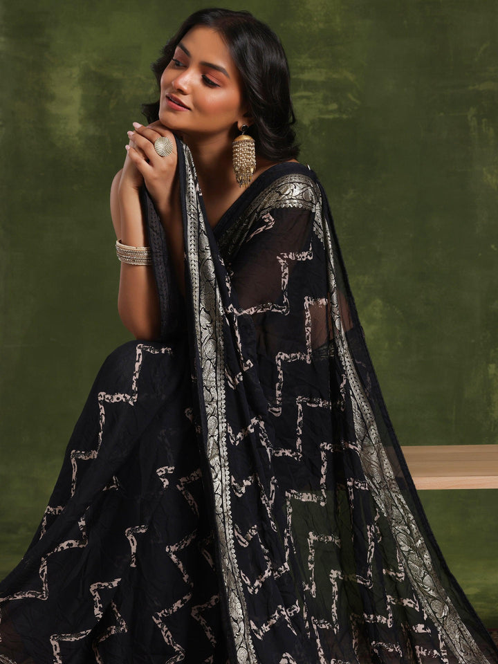 Black Printed Poly Georgette Saree With Unstitched Blouse Piece - Libas