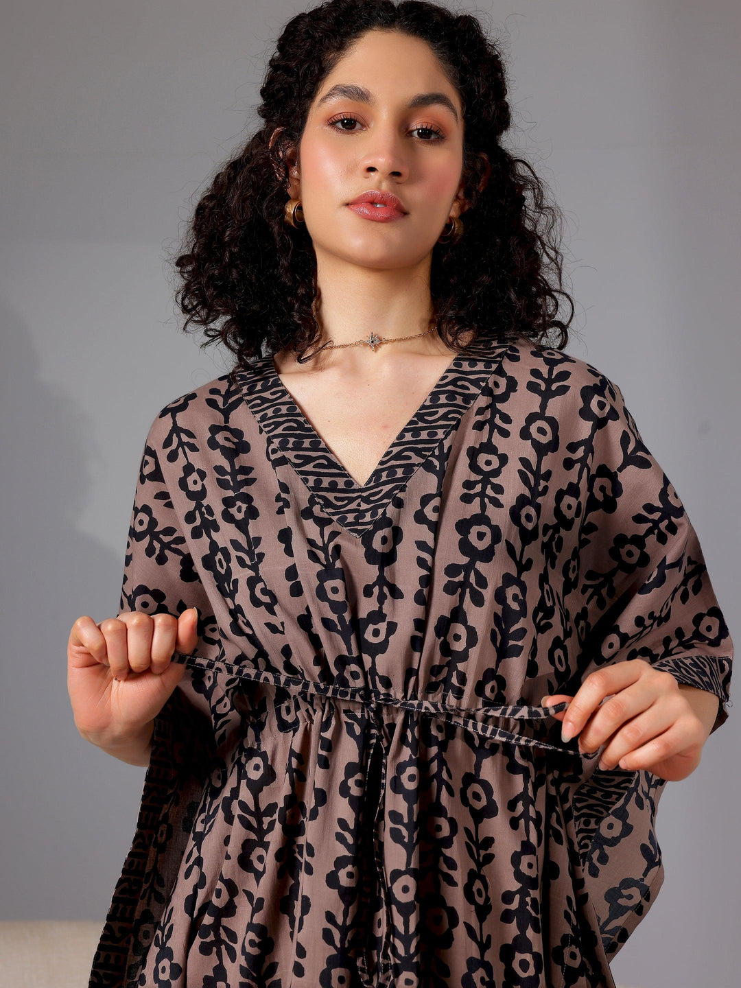 Black Printed Cotton Kaftan Night Dress - Libas