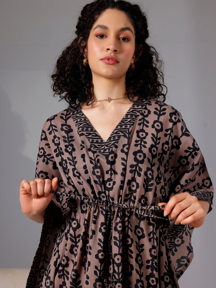 Black Printed Cotton Kaftan Night Dress - Libas