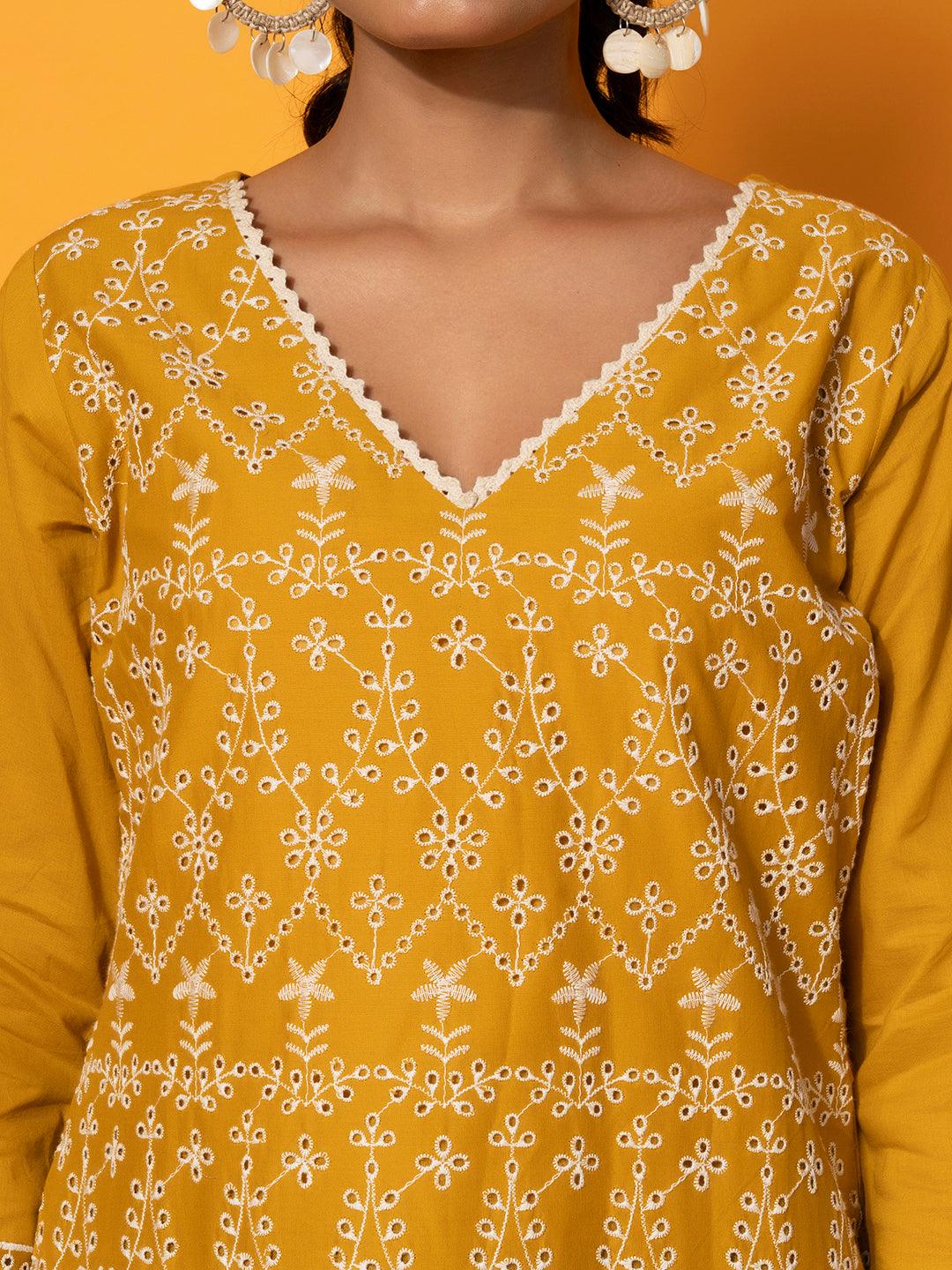 Mustard Embroidered Cotton Co-Ords - Libas 