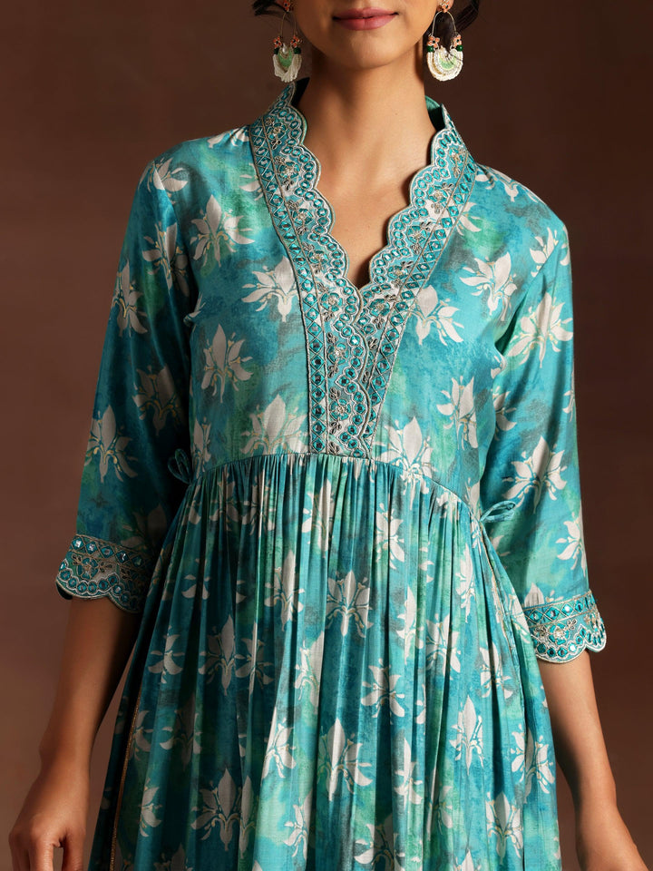 Blue Printed Silk Blend A-Line Kurta With Palazzos & Dupatta - Libas