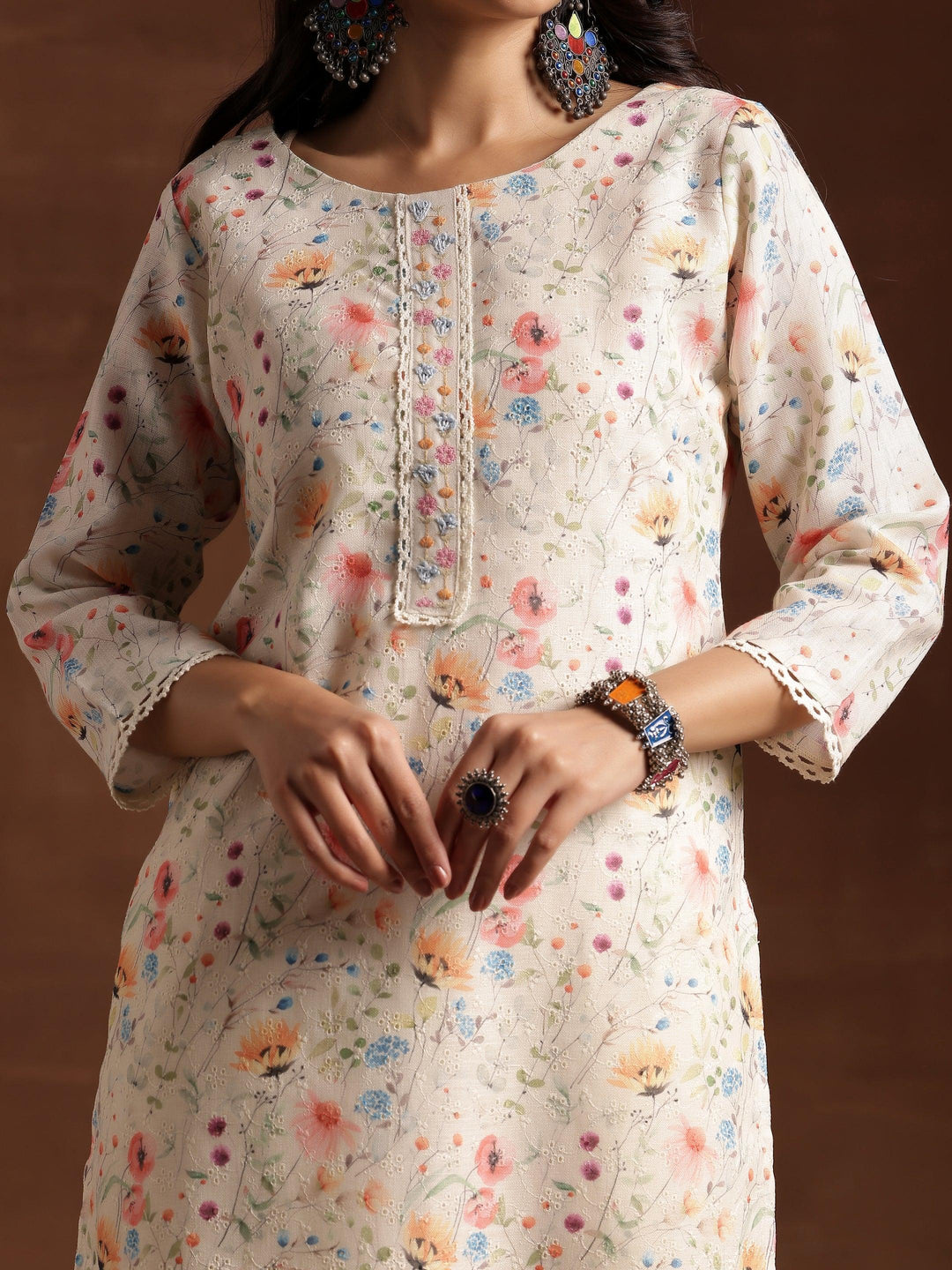 Cream Printed Cotton Straight Suit With Dupatta - Libas