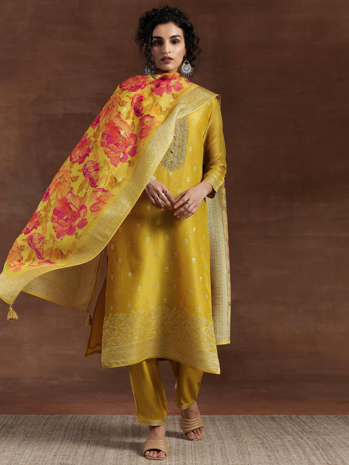 Mustard Woven Design Chanderi Silk Straight Suit With Dupatta - Libas