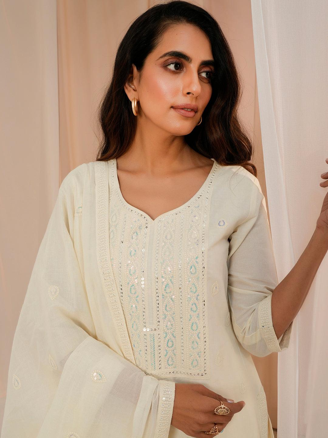 Off White Embroidered Cotton Straight Suit With Dupatta - Libas 