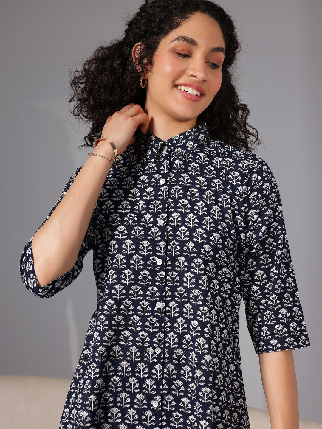 Navy Blue Printed Cotton Night Suits - Libas 