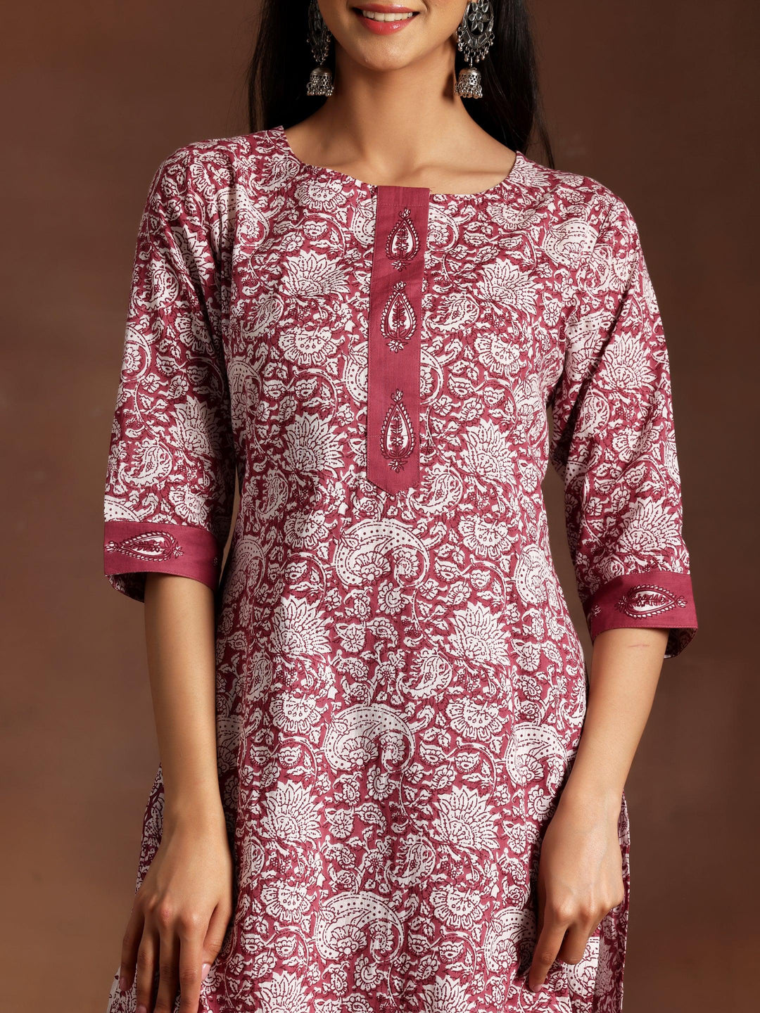 Wine Printed Cotton Straight Suit With Dupatta - Libas