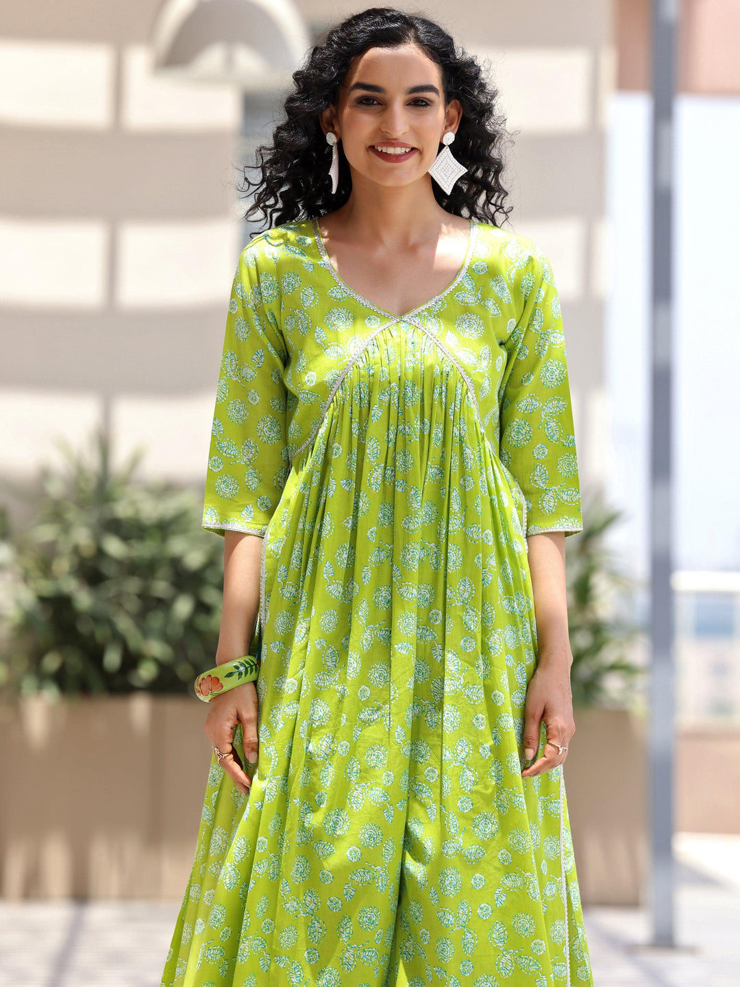 Green Printed Cotton A-Line Kurta With Palazzos & Dupatta - Libas 