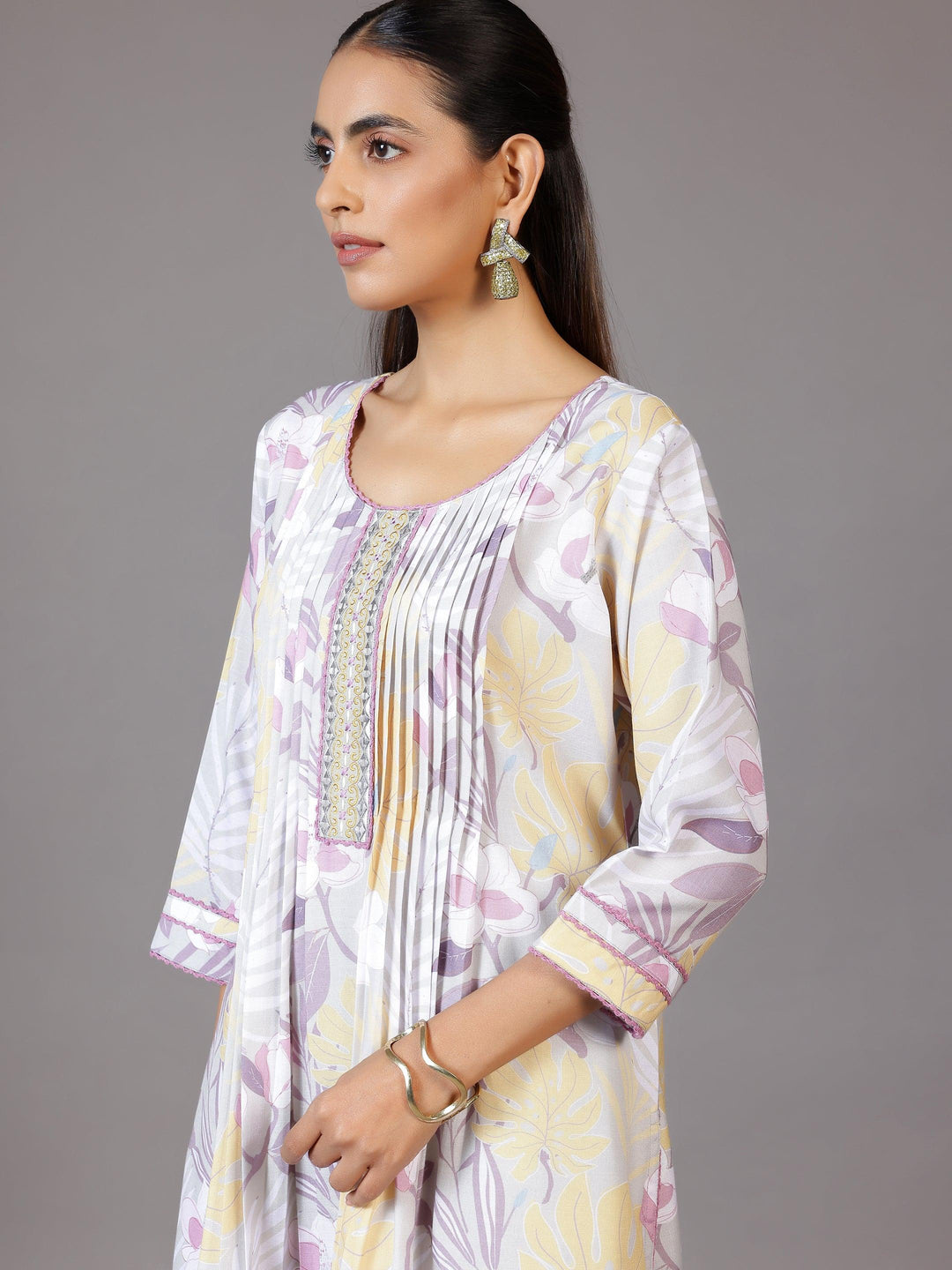 Grey Printed Cotton Blend A-Line Kurta With Palazzos & Dupatta - Libas 