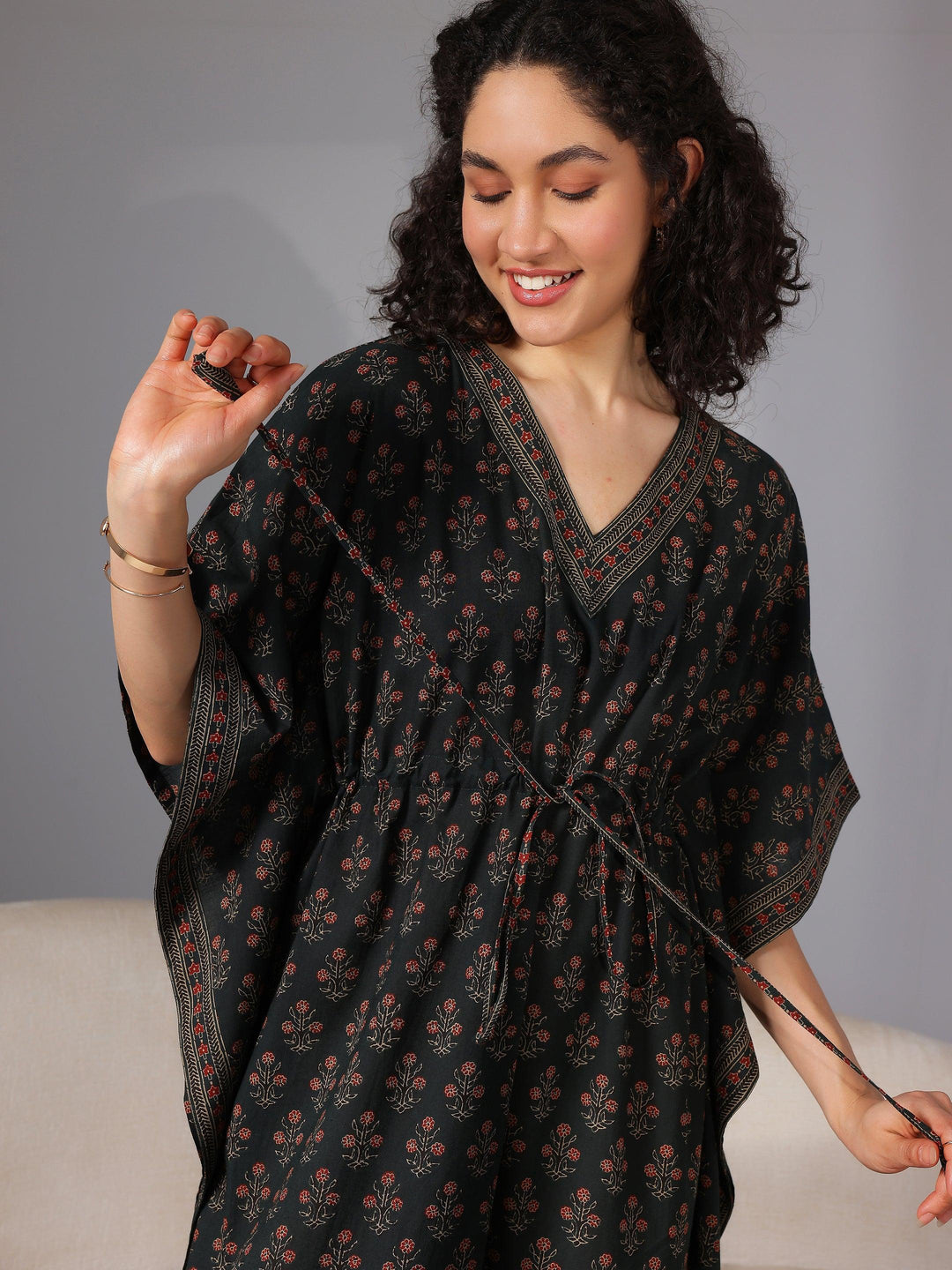 Dark Green Printed Cotton Kaftan Night Dress - Libas 