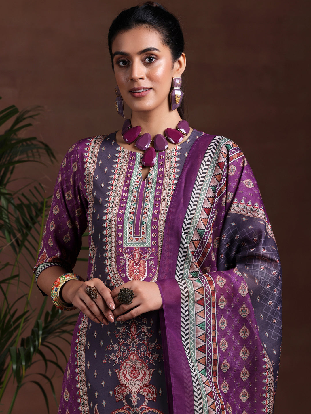  Purple Printed Poly Crepe Straight Suit With Dupatta 