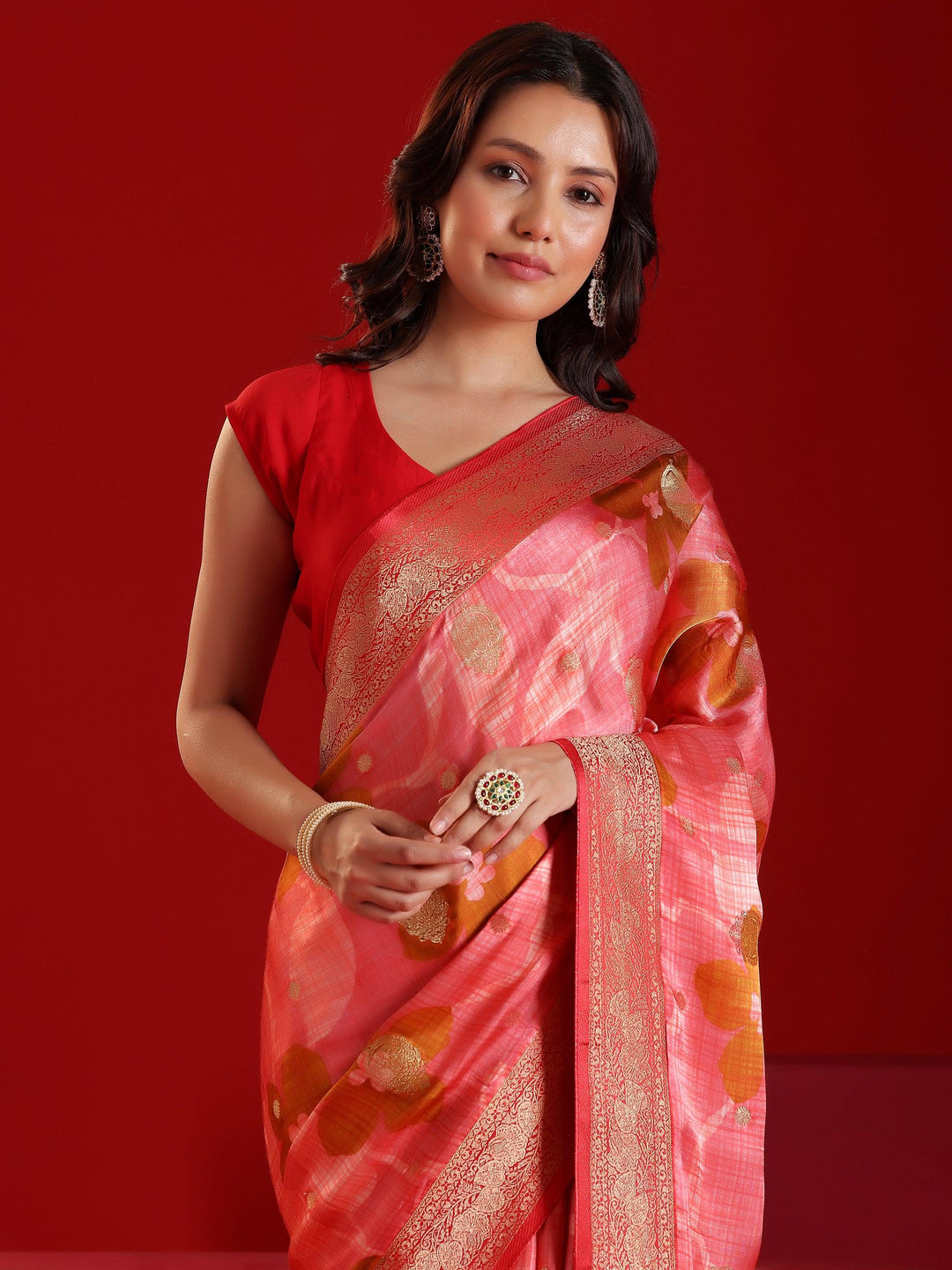 Libas Art Peach Printed Satin Saree With Unstitched Blouse Piece - Libas 