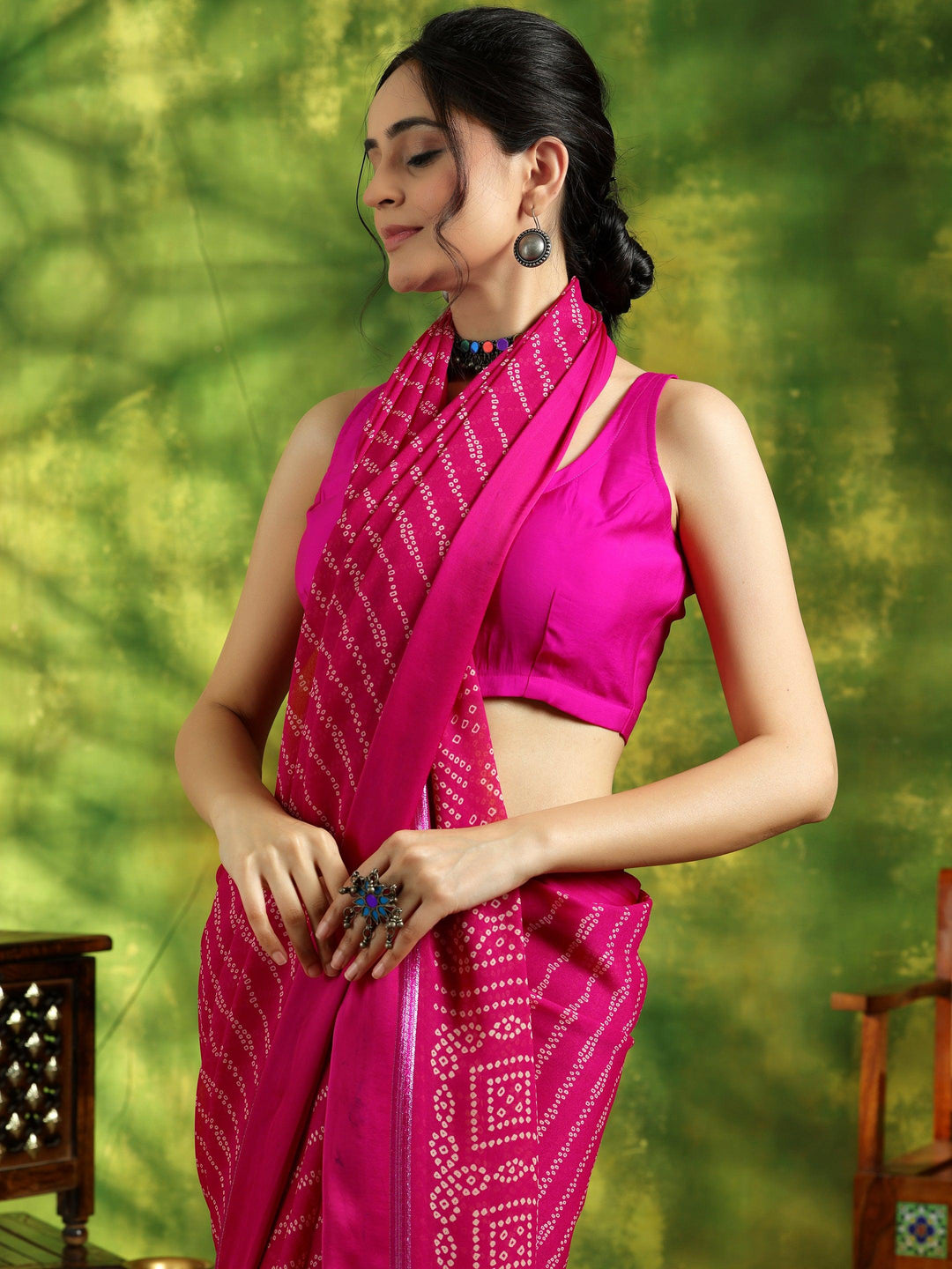 Pink Printed Satin Saree With Unstitched Blouse Piece - Libas 