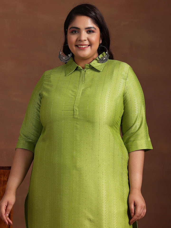 Plus Size Green Woven Design Cotton Straight Kurta - Libas