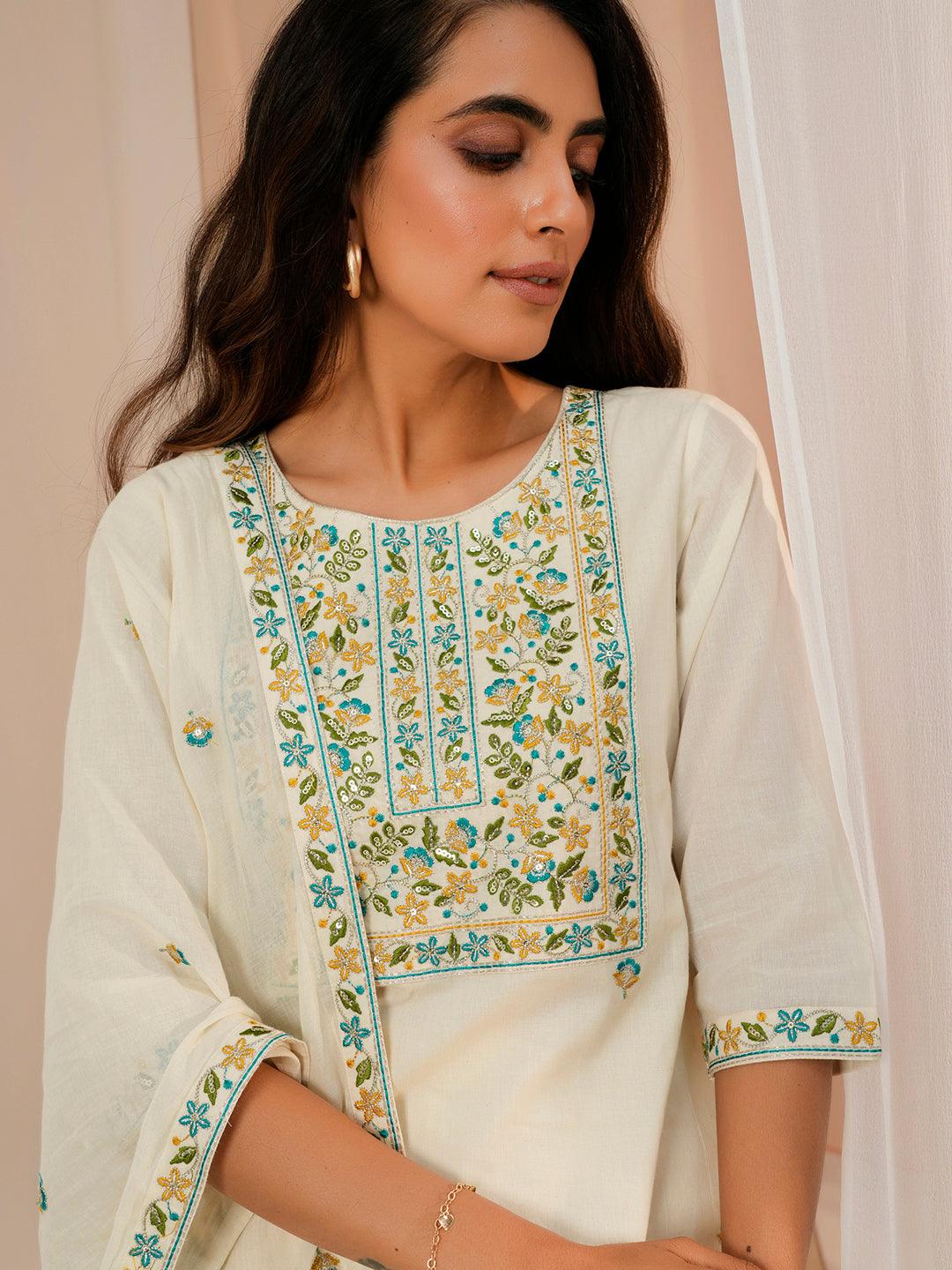 Off White Yoke Design Cotton Straight Suit With Dupatta - Libas 