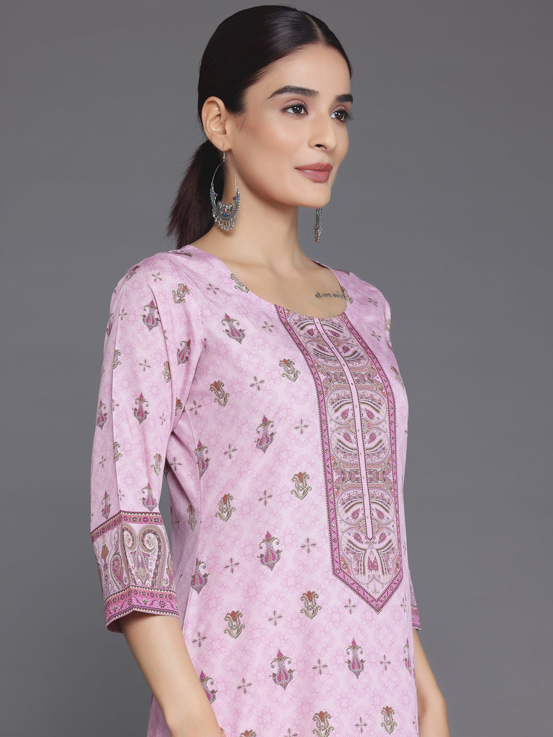 Pink Printed Poly Crepe Straight Suit With Dupatta - Libas