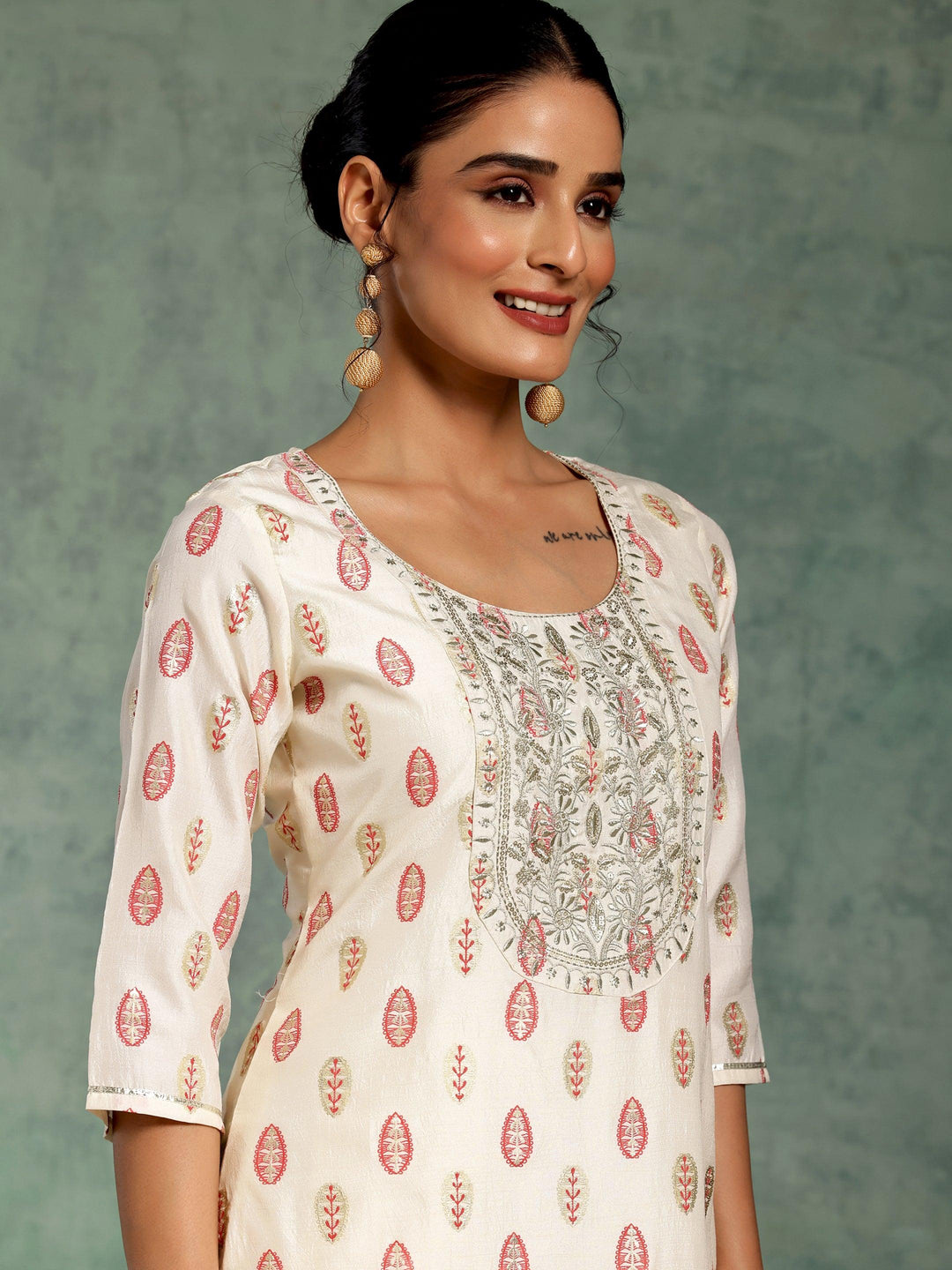 Off White Printed Silk Blend Straight Suit With Dupatta - Libas 