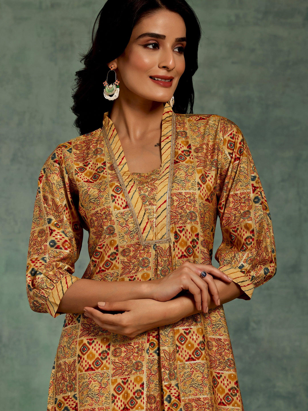 Yellow Printed Silk Blend Straight Kurta Set - Libas 