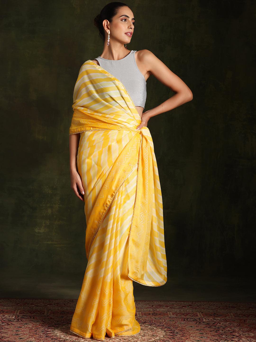 Yellow Printed Silk Blend Saree With Unstitched Blouse Piece - Libas