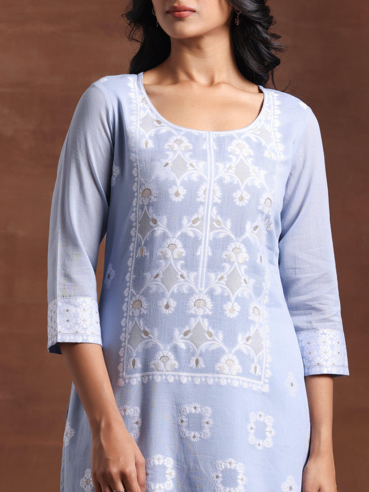 Blue Woven Design Cotton Straight Suit With Dupatta - Libas