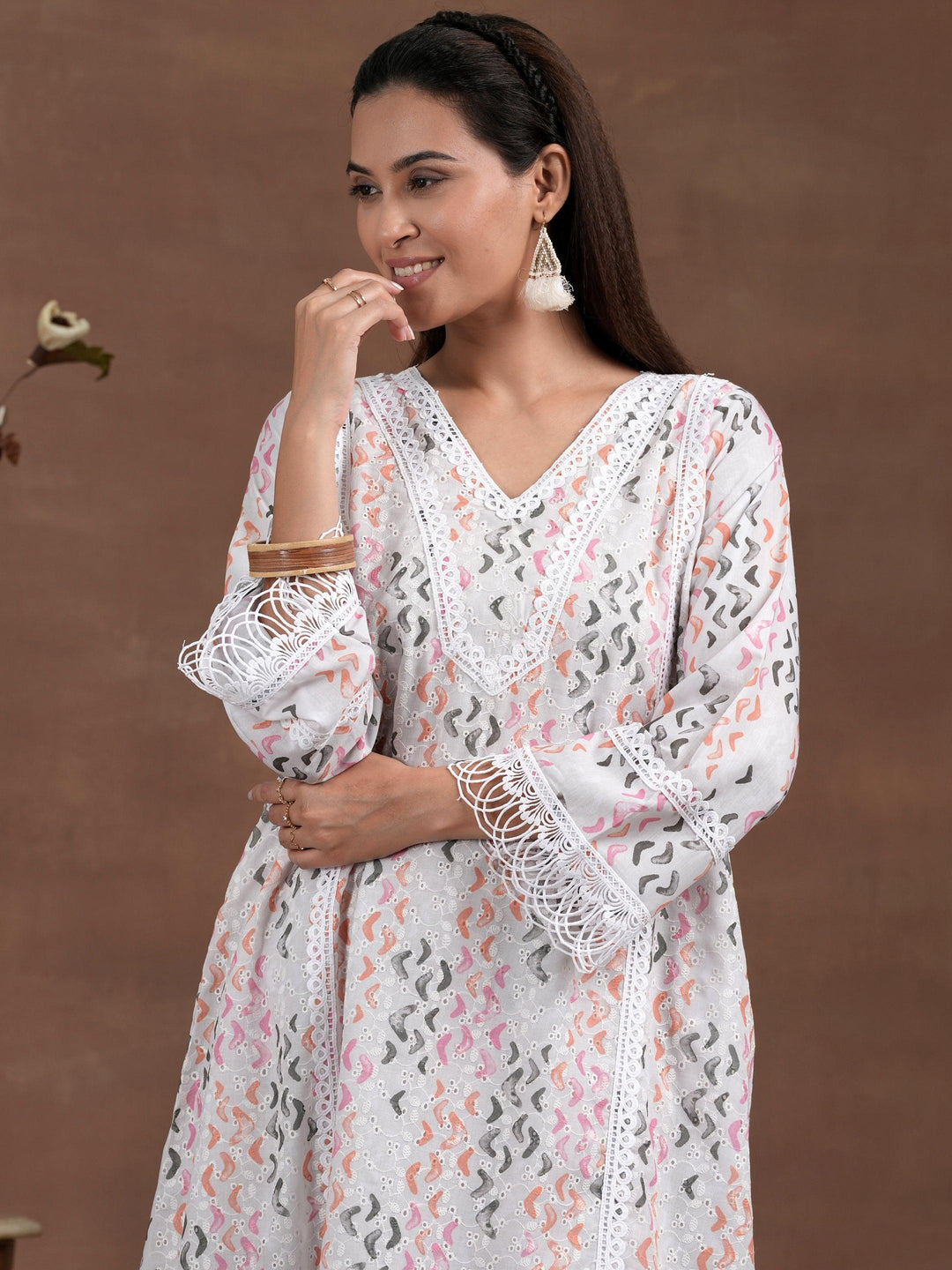 Off white Printed Cotton A-Line Kurta With Palazzos - Libas 