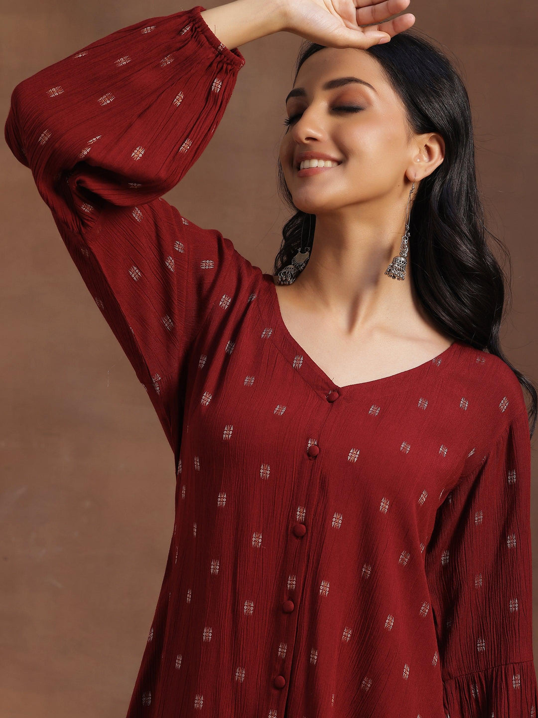  Maroon Woven Design Cotton A-line Kurti 