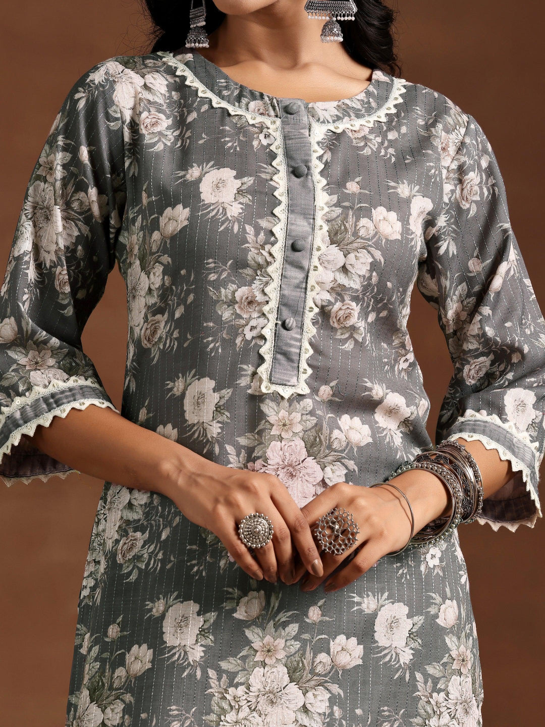 Grey Printed Cotton Straight Suit With Dupatta - Libas 