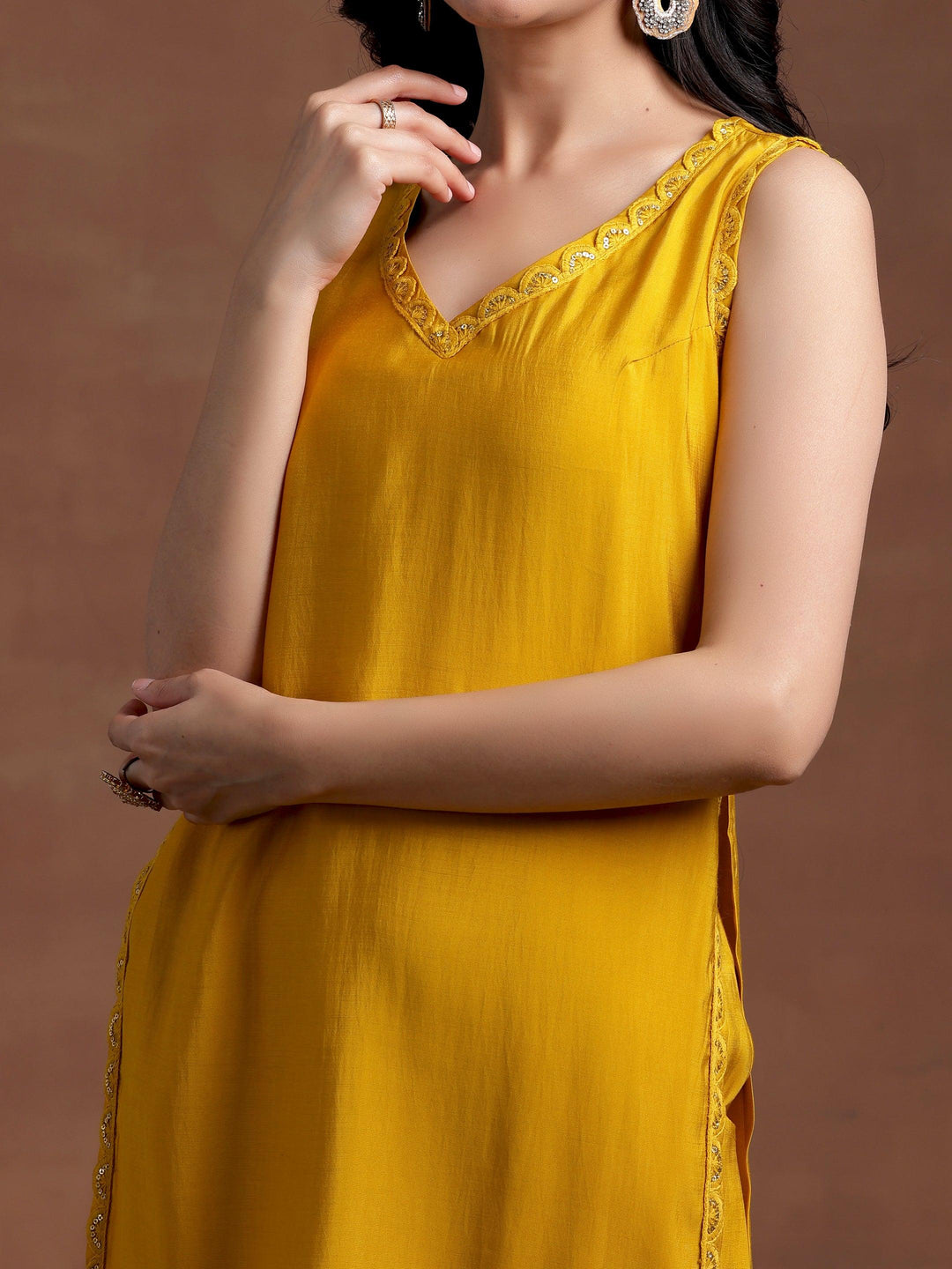 Mustard Solid Silk Blend Straight Suit With Dupatta - Libas