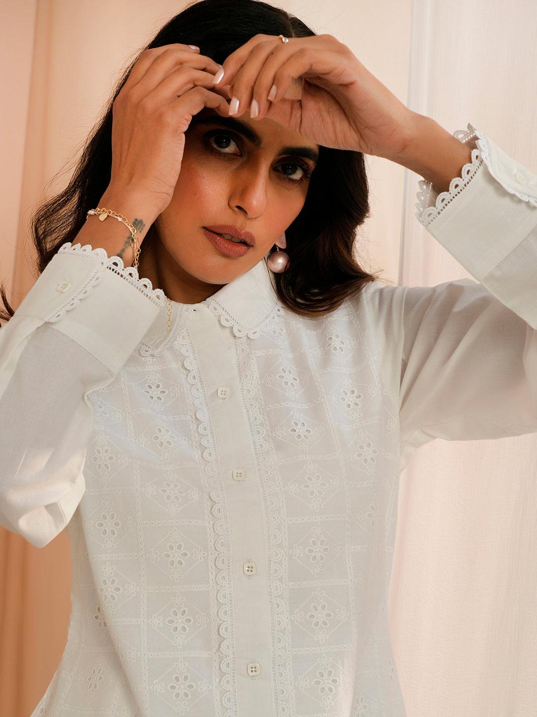 White Embroidered Cotton Straight Kurti - Libas