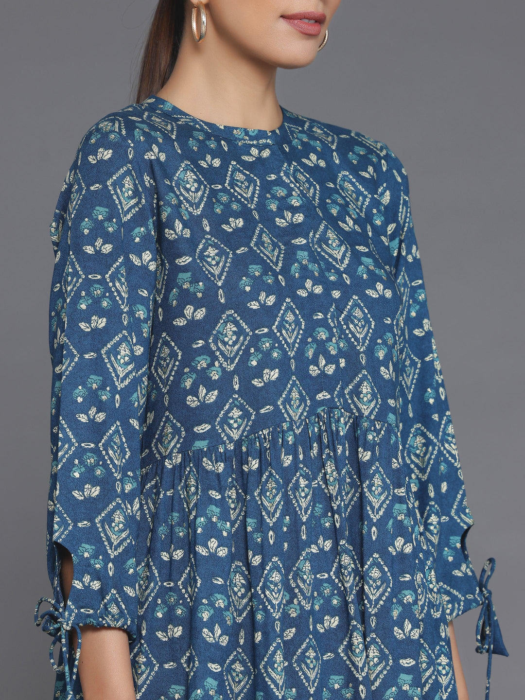 Blue Printed Rayon A-Line Kurti - Libas 