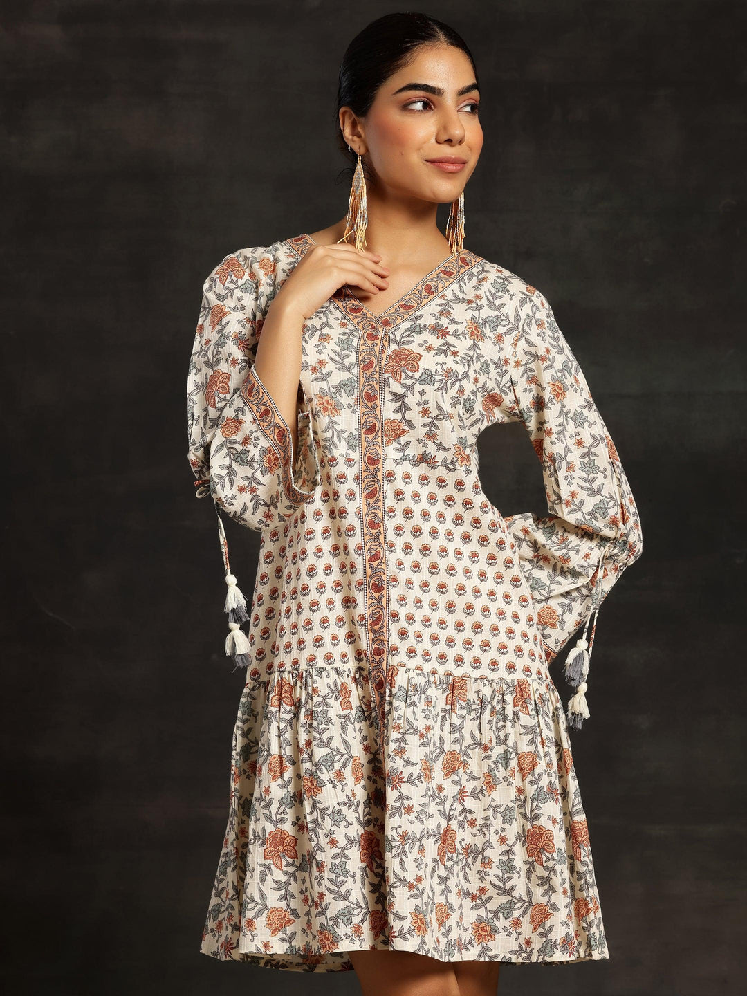 Beige Printed Cotton A-Line Dress - Libas