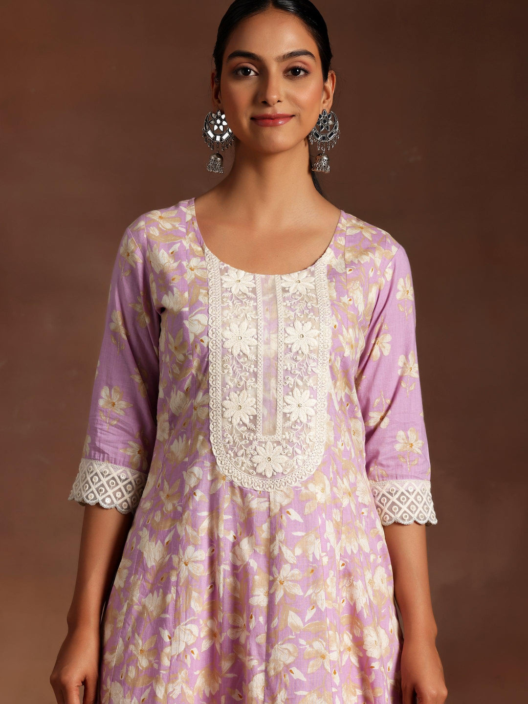 Dilbaro Purple Printed Cotton A-Line Kurta With Trousers & Dupatta - Libas