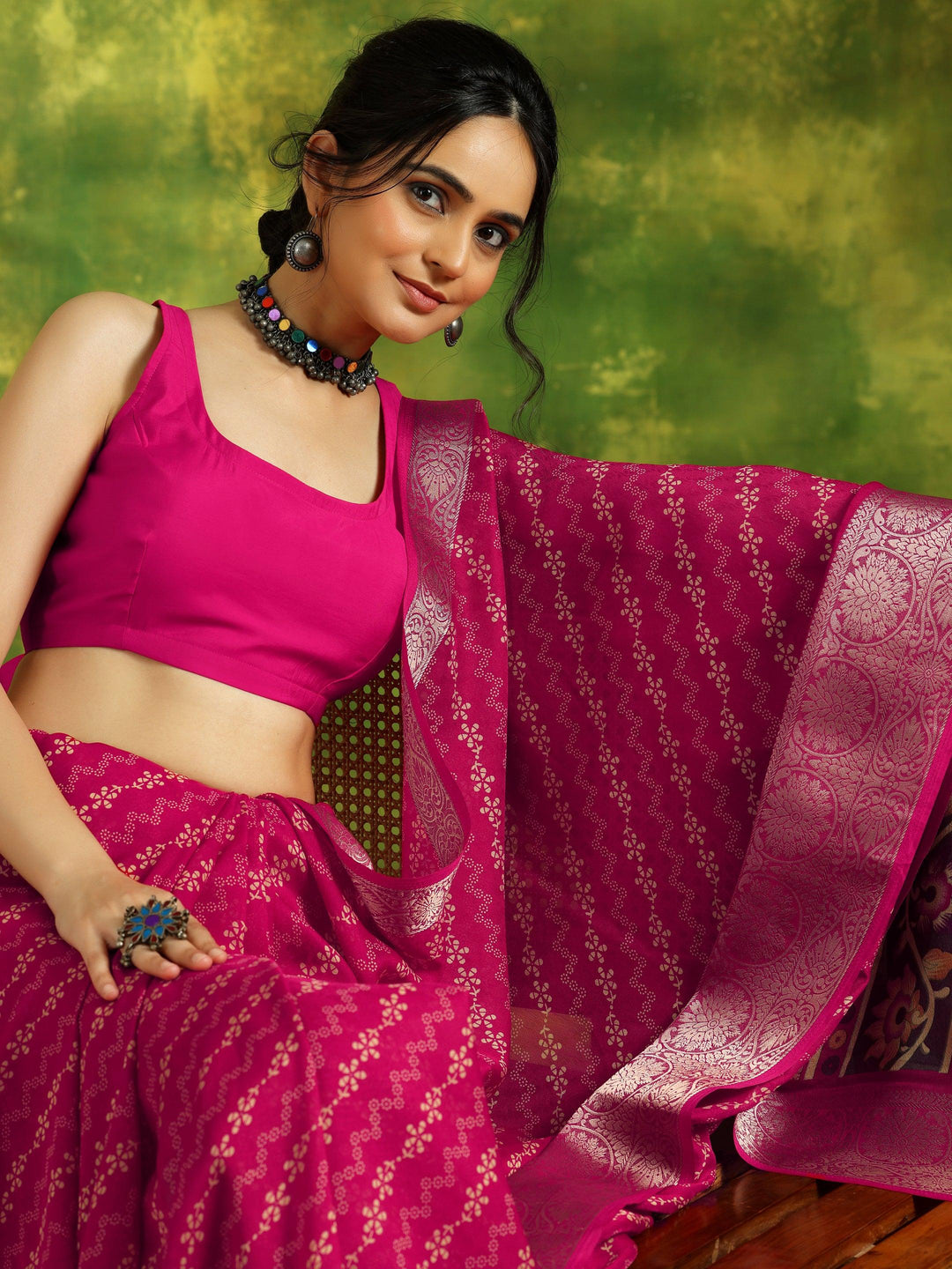 Pink Printed Silk Blend Saree With Unstitched Blouse Piece - Libas 