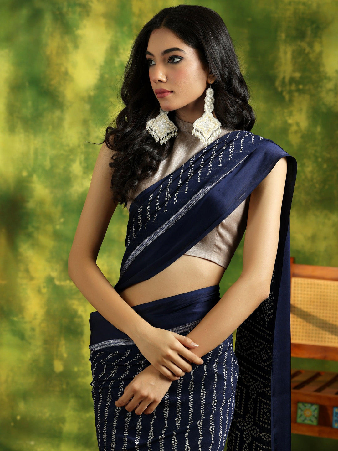 Blue Printed Satin Saree With Unstitched Blouse Piece - Libas