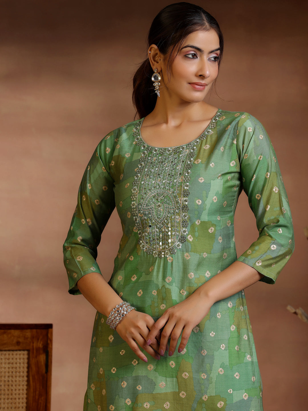  Green Printed Silk blend Straight Suit With Dupatta 