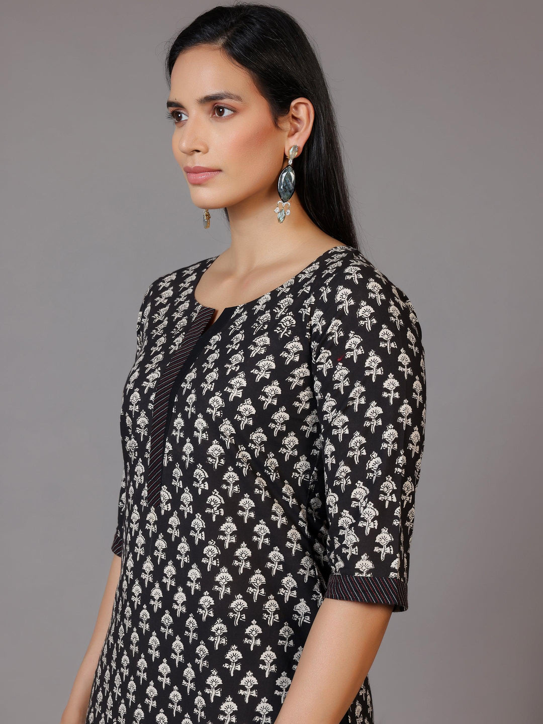 Black Printed Cotton Straight Kurta - Libas