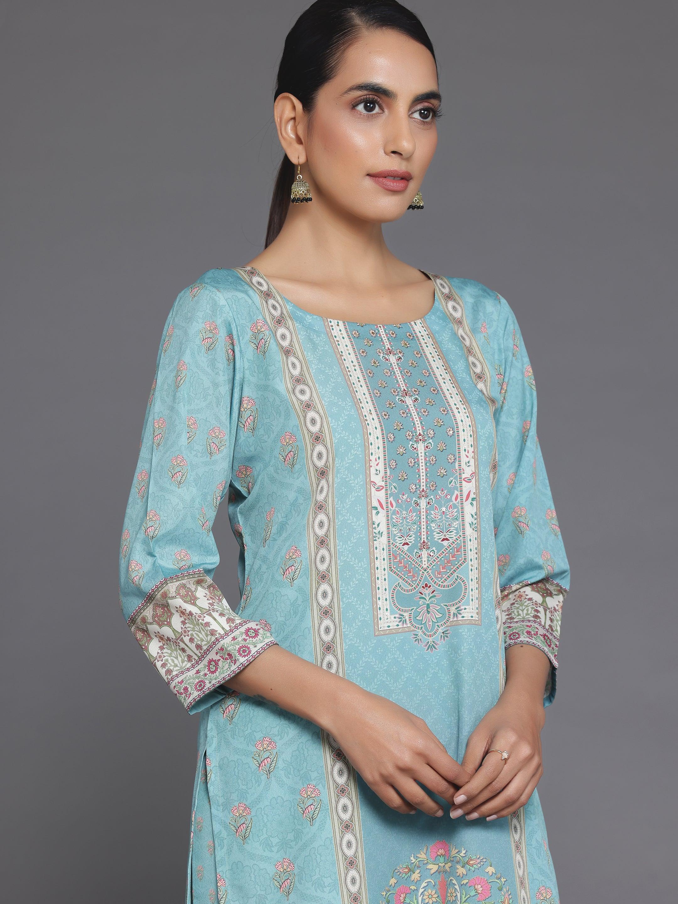 Blue Printed Poly Crepe Straight Suit With Dupatta
