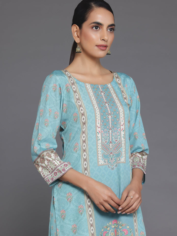 Blue Printed Poly Crepe Straight Suit With Dupatta - Libas