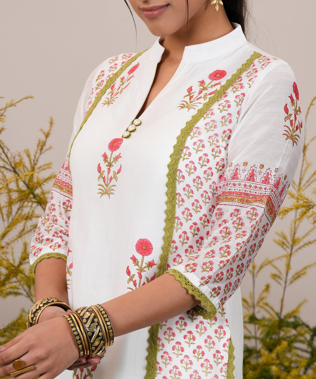 White Printed Chanderi Silk Straight Suit With Dupatta - Libas 