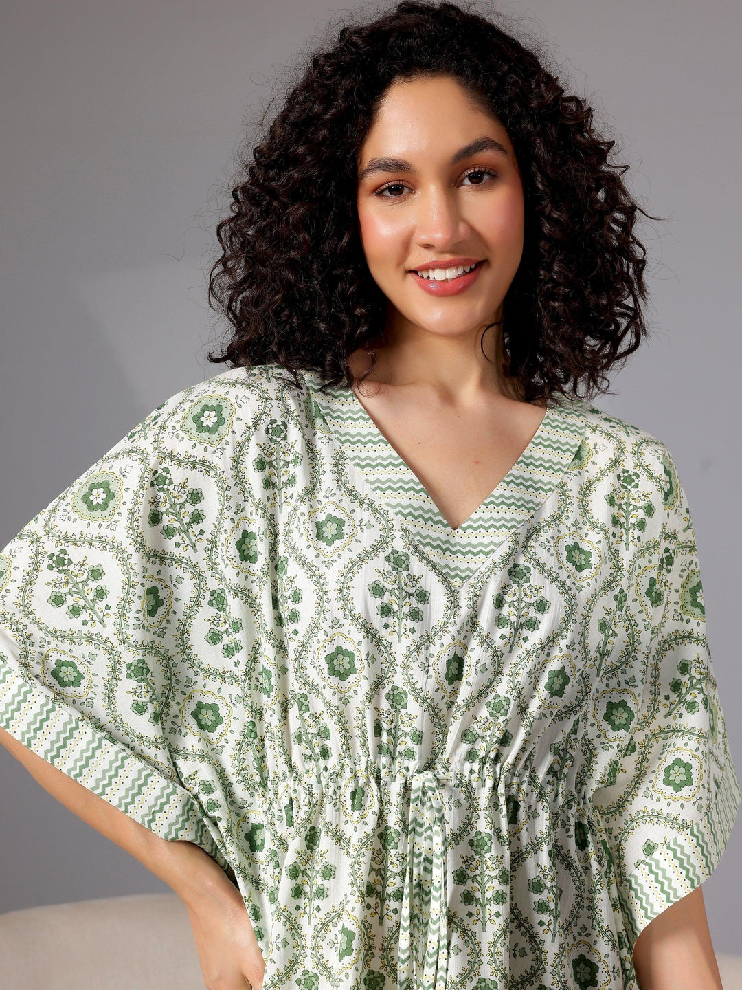 Green Printed Cotton Kaftan Night Dress - Libas