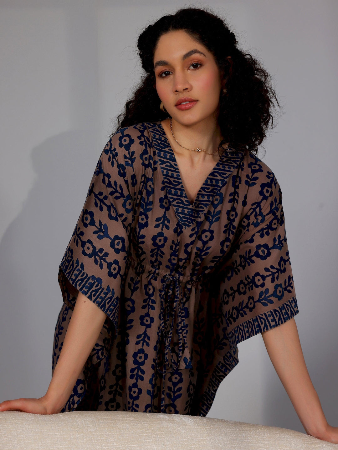 Blue Printed Cotton Kaftan Night Dress - Libas 